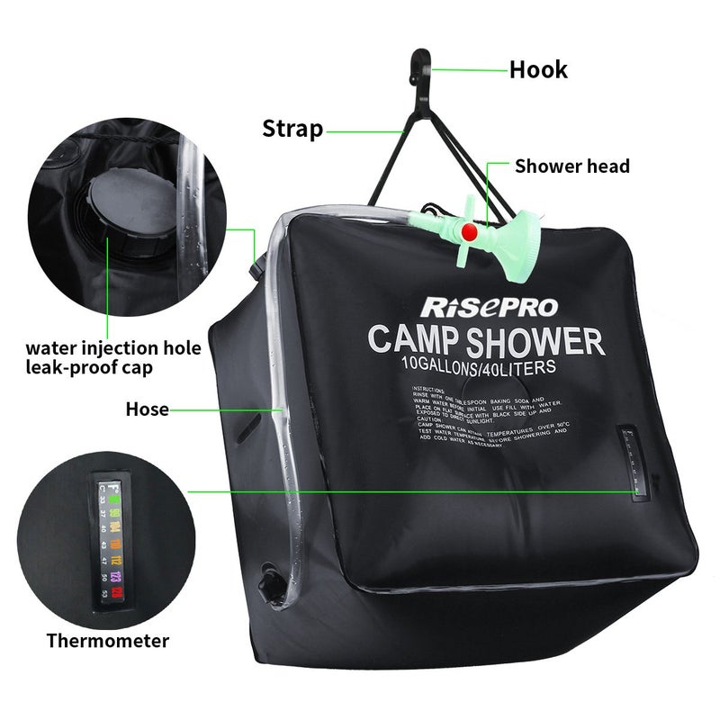 RISEPRO 10 gallons/40L Solar Shower Bag Solar Heating Camping Shower Bag with Temperature Hot Water Outdoor Hiking Climbing XH07 - Image 4